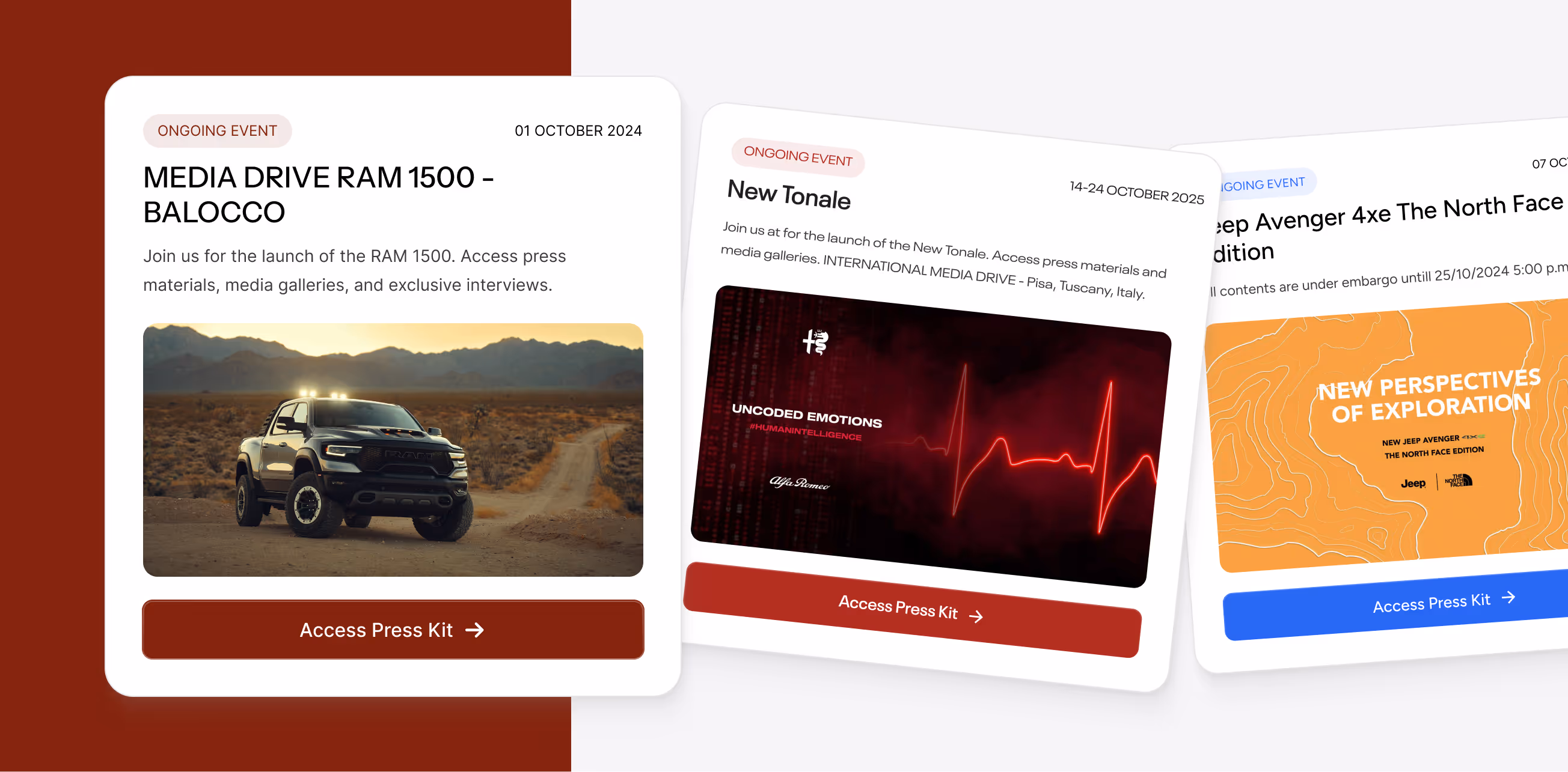 Three event announcement cards featuring ongoing automotive media drives, including a RAM 1500 pickup in a desert, Alfa Romeo New Tonale with heartbeat graphic, and Jeep Avenger 4xe North Face edition.