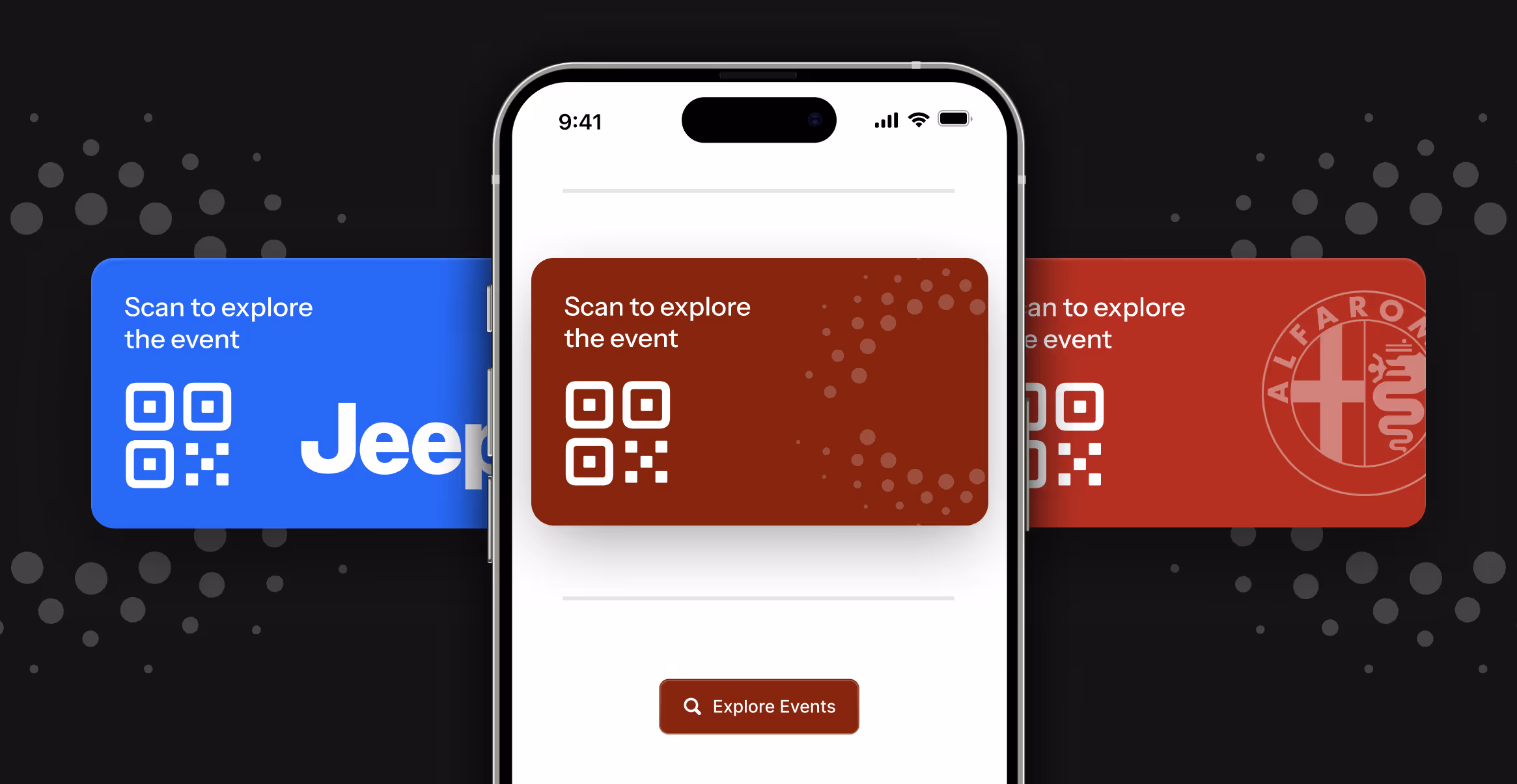 Smartphone screen showing QR code cards labeled 'Scan to explore the event' with Jeep and Alfa Romeo branding in blue and red colors.