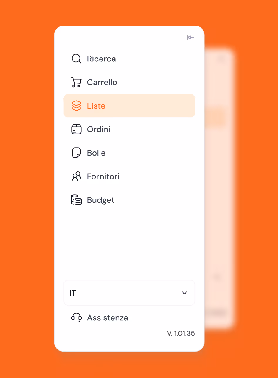 Sidebar menu in Italian with search, cart, lists highlighted, orders, delivery notes, suppliers, budget, language selector, and support option.