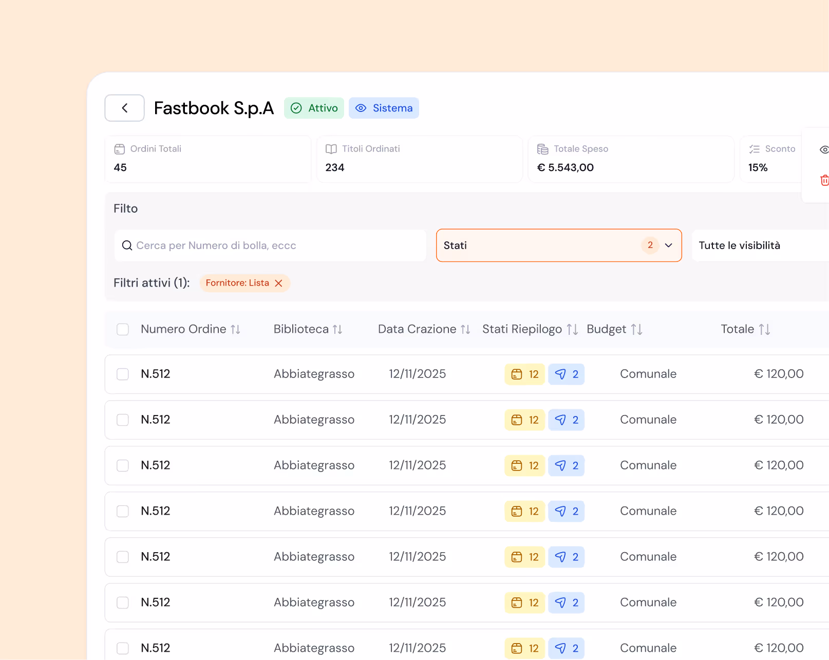 Dashboard for Fastbook S.p.A showing 45 total orders, 234 ordered titles, total spending of €5,543.00 with 15% discount, filtered list of orders each with order number N.512, library Abbiategrasso, creation date 12/11/2025, summary states showing 12 and 2, budget type Comunale, and total €120.00.
