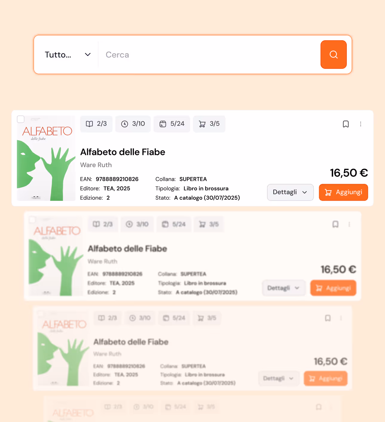 Search bar with dropdown and search button above a product listing for the book 'Alfabeto delle Fiabe' by Ware Ruth, priced at 16.50 euros.