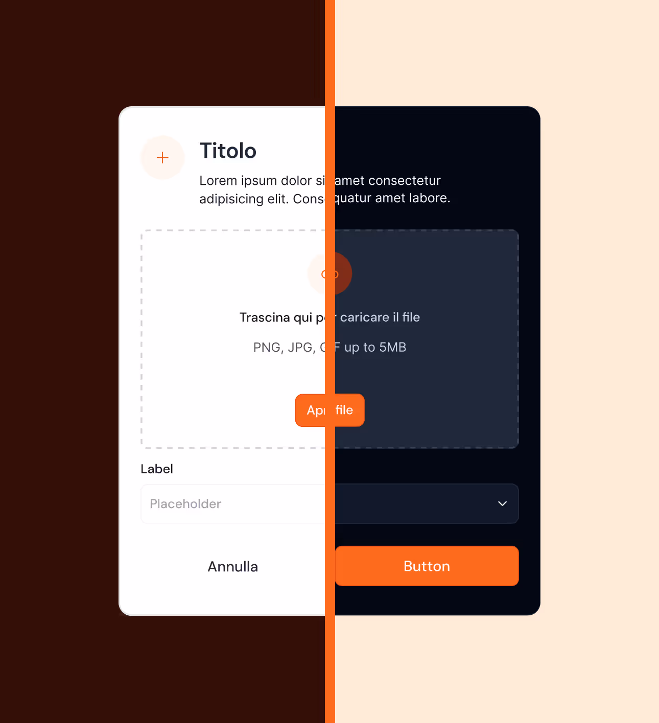 UI design split in half showing light mode on left and dark mode on right with file upload area, input field, and buttons labeled in Italian.