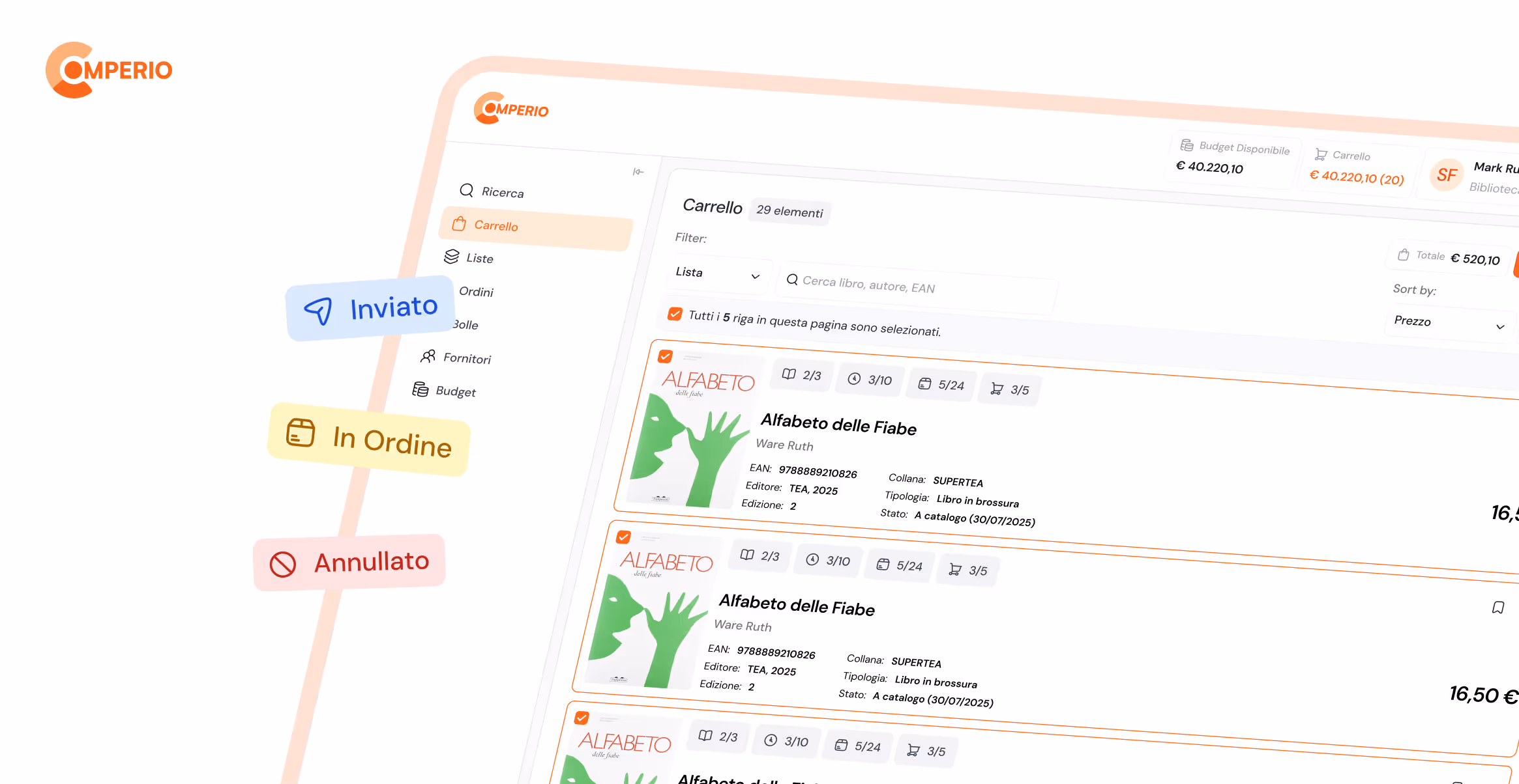 Comperio web interface showing a shopping cart with multiple copies of the book 'Alfabeto delle Fiabe' by Ware Ruth listed, including order status labels Inviato, In Ordine, and Annullato.