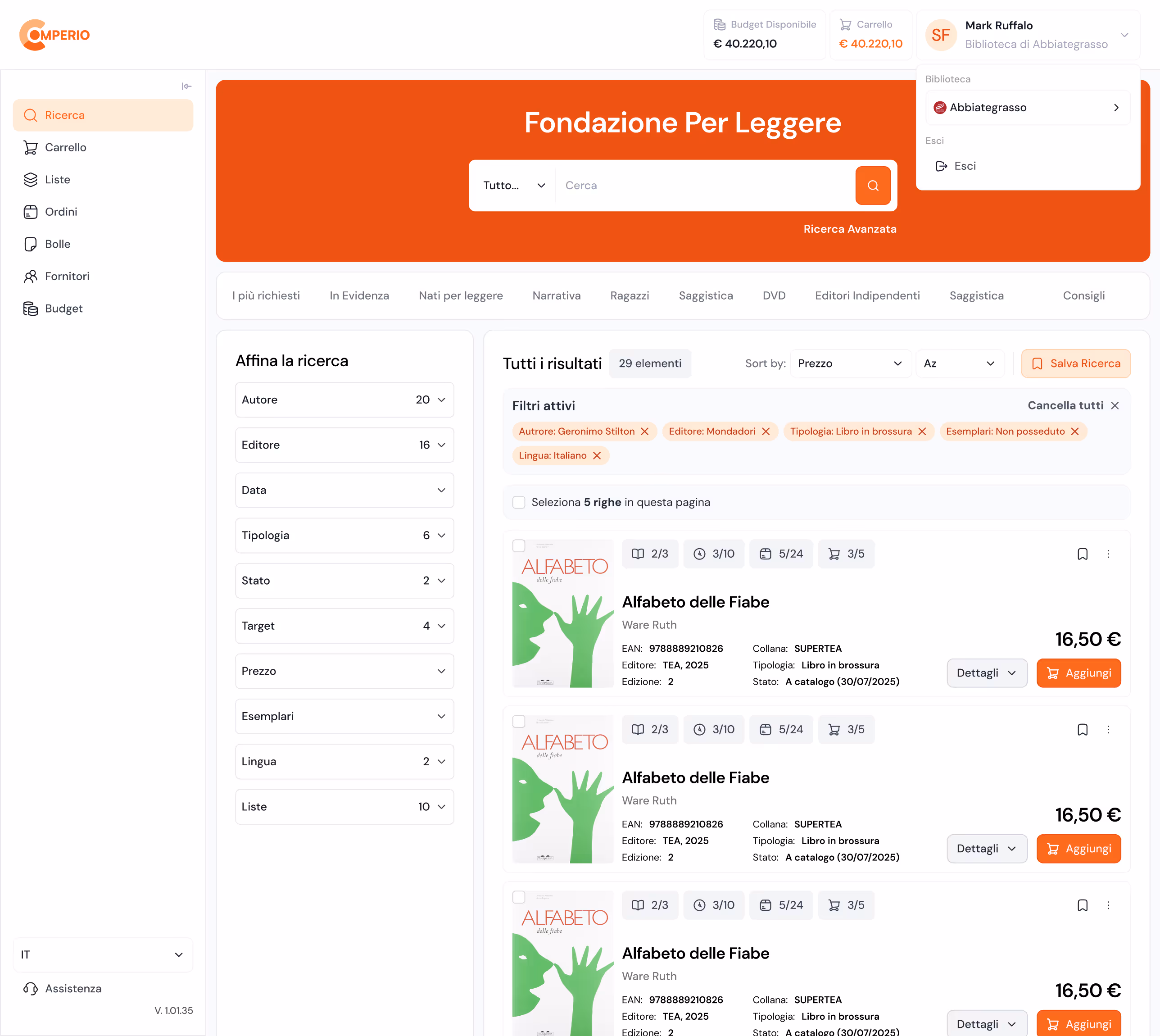 Comperio online bookstore interface showing search filters and a list of three copies of the book 'Alfabeto delle Fiabe' by Ware Ruth priced at 16.50 euros each.