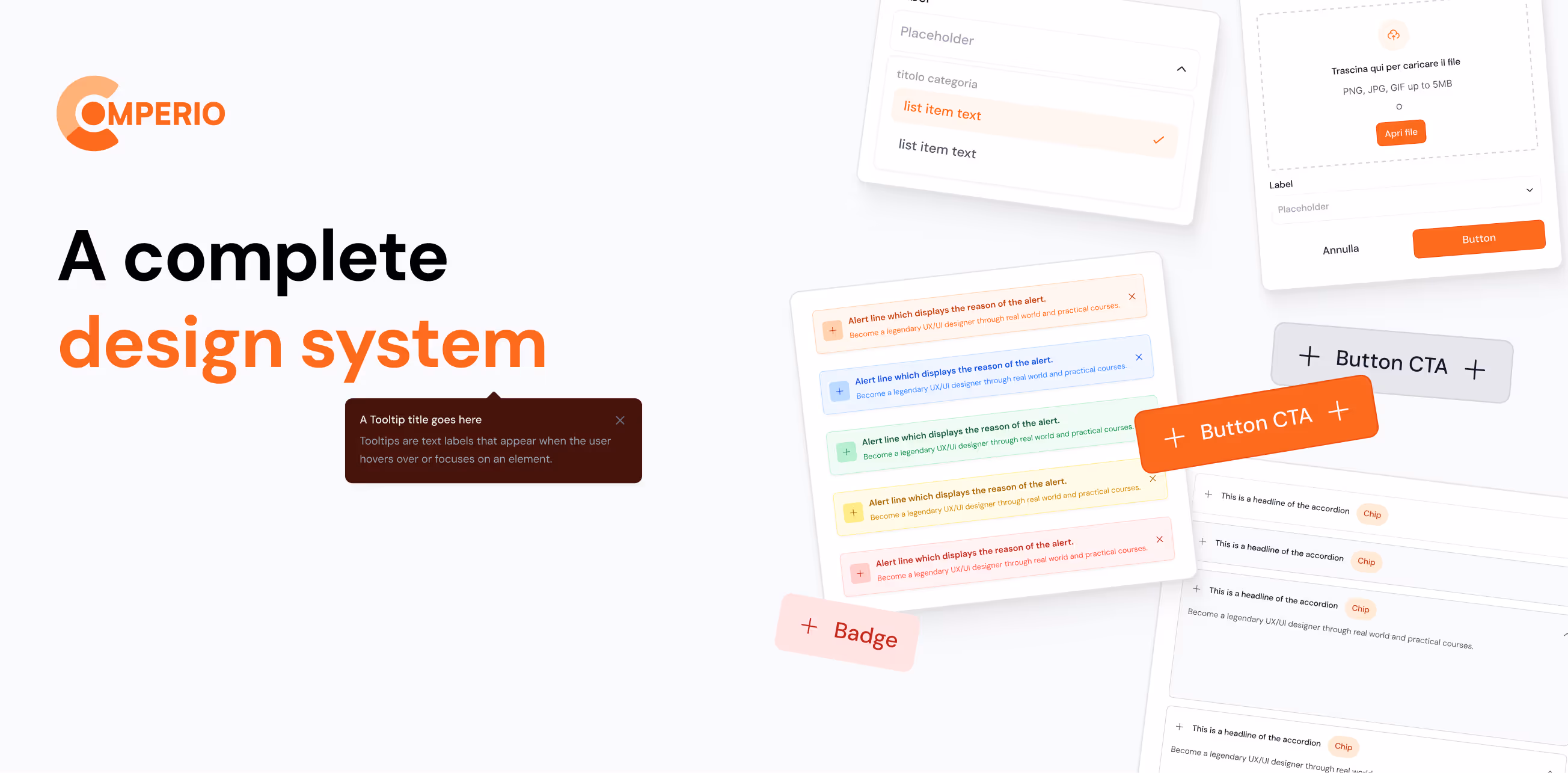 A design system interface featuring a tooltip, alert lines in different colors, badges, buttons, dropdown menus, and accordion sections with chips.