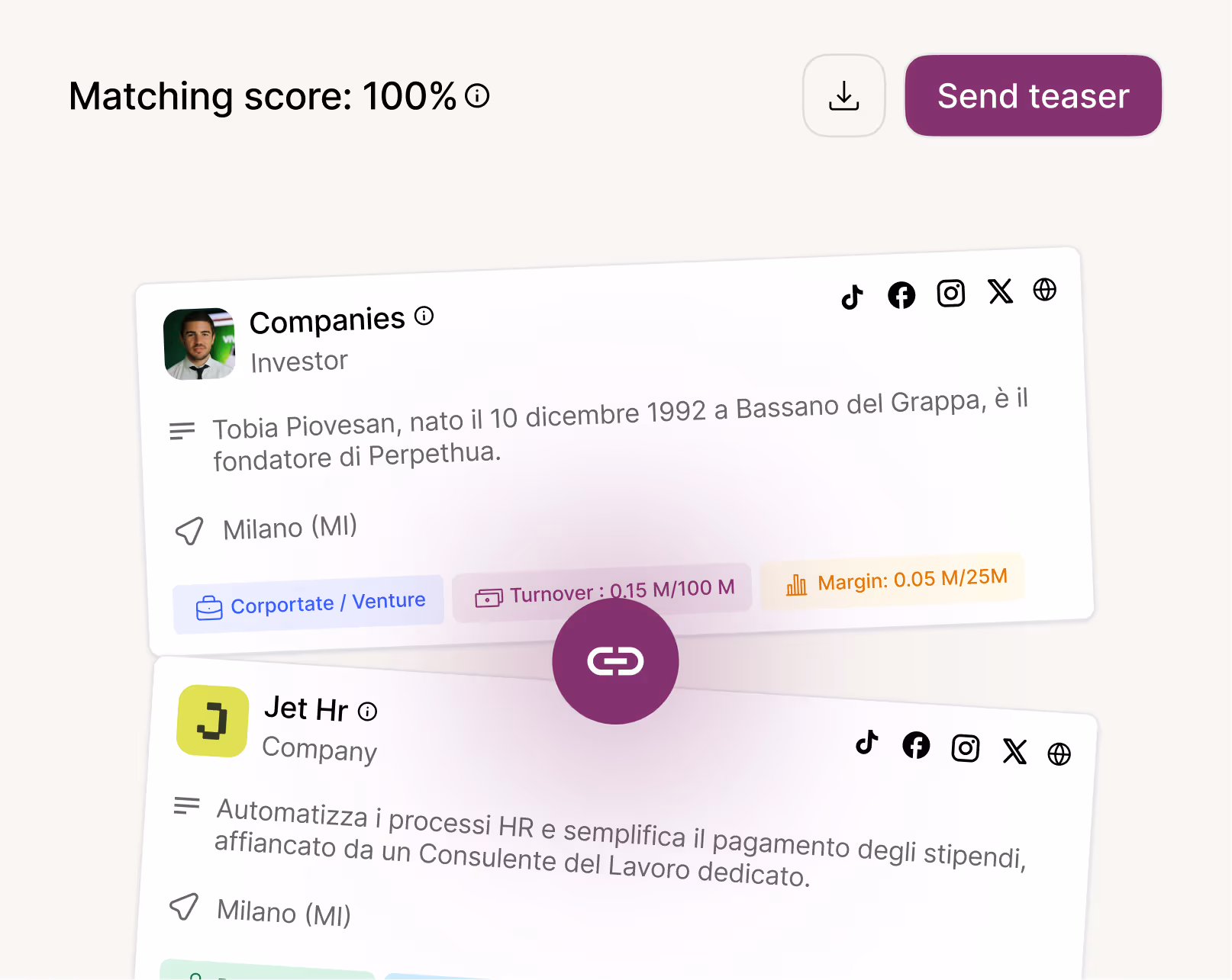 Profile card of Tobia Piovesan, investor and founder of Perpethua from Milan, with turnovers and margin info, linked to Jet Hr company automating HR processes in Milan.