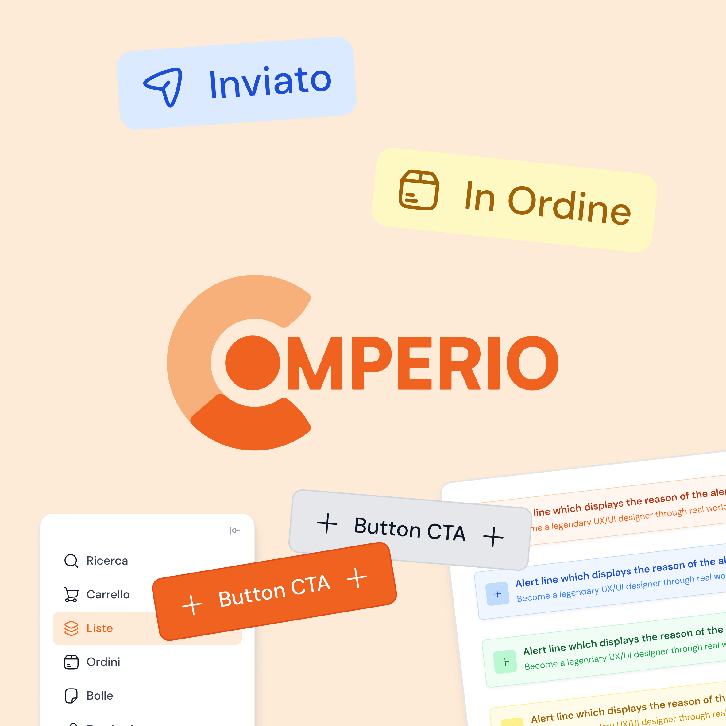 Comperio logo surrounded by UI elements including buttons labeled 'Button CTA,' tags 'Inviato' and 'In Ordine,' a sidebar menu with options in Italian, and colorful alert lines.