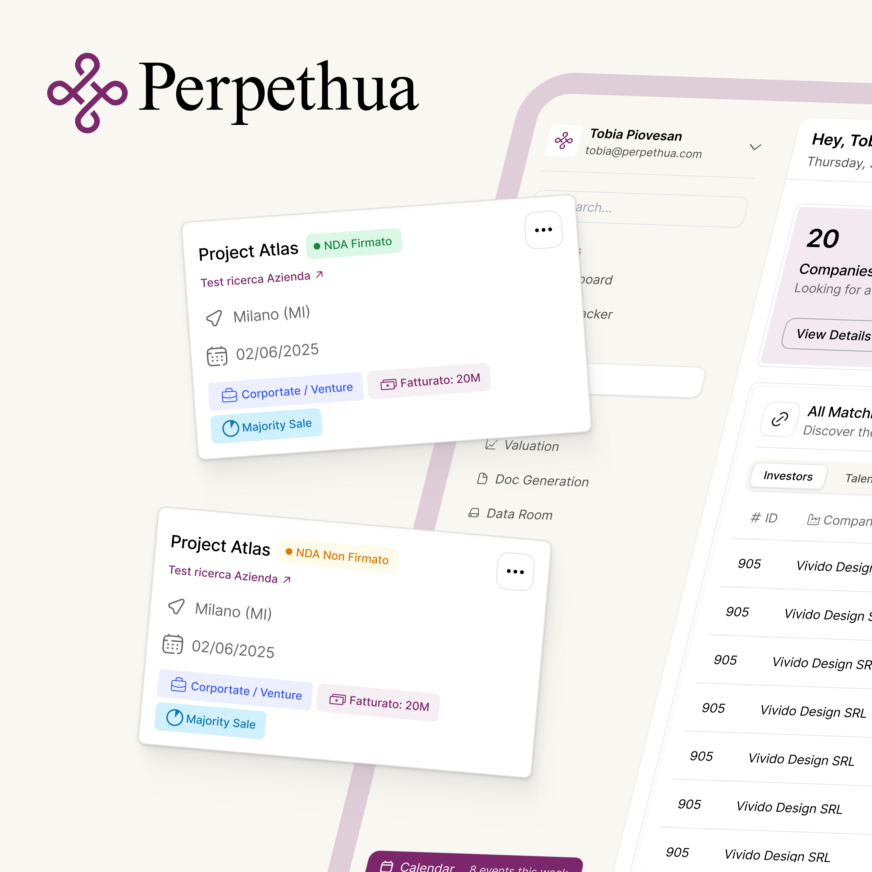 Perpethua logo and two Project Atlas cards showing company info including location Milano, date 02/06/2025, corporate/venture type, 20M revenue, and NDA signed or not.