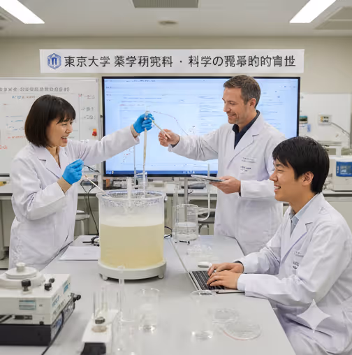 Three scientists in white lab coats and blue gloves working together in a laboratory with scientific equipment and a large beaker filled with a light yellow liquid.
