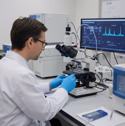 Scientist in a lab coat and blue gloves working with a microscope in a laboratory.