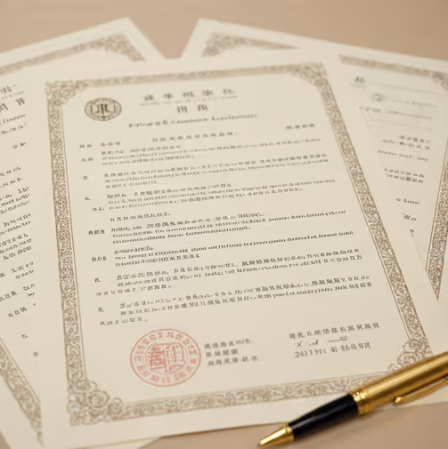Official certificate documents with ornate borders and red stamps, accompanied by a black and gold pen.