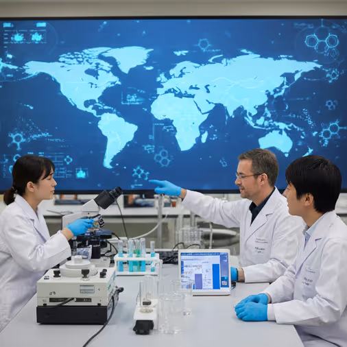 Three scientists in lab coats and blue gloves collaborating in a lab with a microscope and test tubes, a digital tablet, and a large illuminated world map in the background.