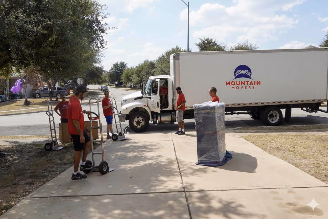 Long distance movers Austin TX loading a large item into a Mountain Movers truck for a cross-country move.