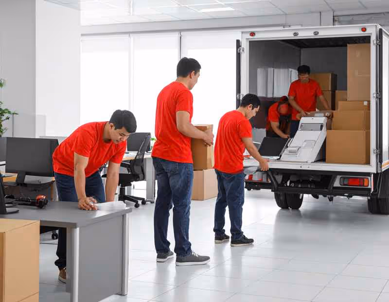 Movers in red shirts handling office equipment and boxes while loading a truck in a bright office environment. Keywords: Austin TX commercial movers, business relocation, moving office furniture.