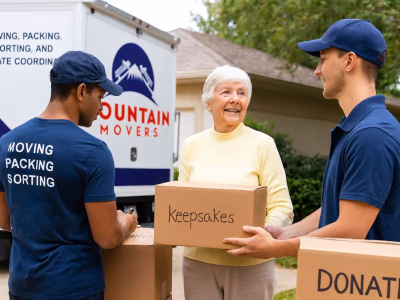 Senior moving help Austin TX: Two friendly movers assisting an older woman by carrying a box labeled "Keepsakes," highlighting specialized packing and sorting.