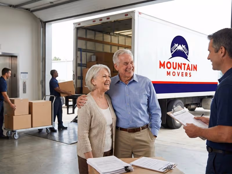 Professional senior moving services Austin: Happy elderly couple signing paperwork with a Mountain Movers crew leader at the moving truck, ready for transport.
