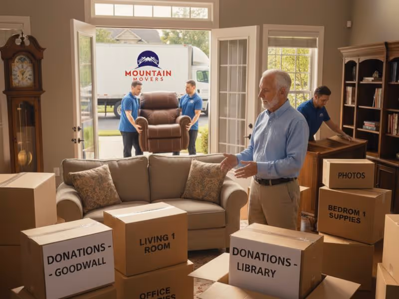 Senior moving company Austin TX: Elderly man directing movers carrying a recliner out of the house, surrounded by labeled moving boxes for easy sorting and donations.