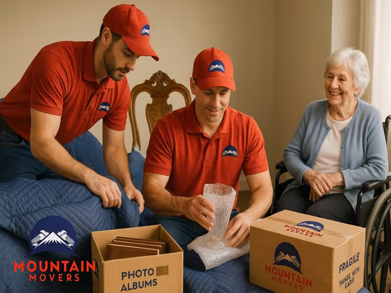Senior moving services Austin TX: Professional movers carefully wrapping a crystal vase for an elderly woman in a wheelchair, with boxes labeled "Photo Albums."