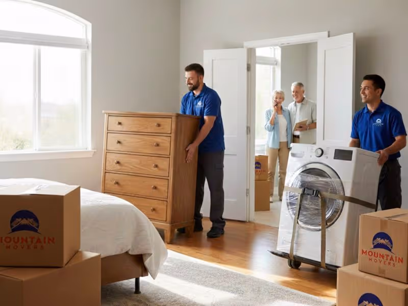 Austin TX senior movers carrying a wooden dresser and washing machine into a new bedroom, while an older couple supervises their relocation.