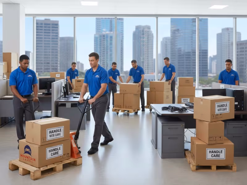 Mountain Movers crew handling large commercial moves in Austin TX, using pallet jacks to transport packed boxes in a high-rise office.