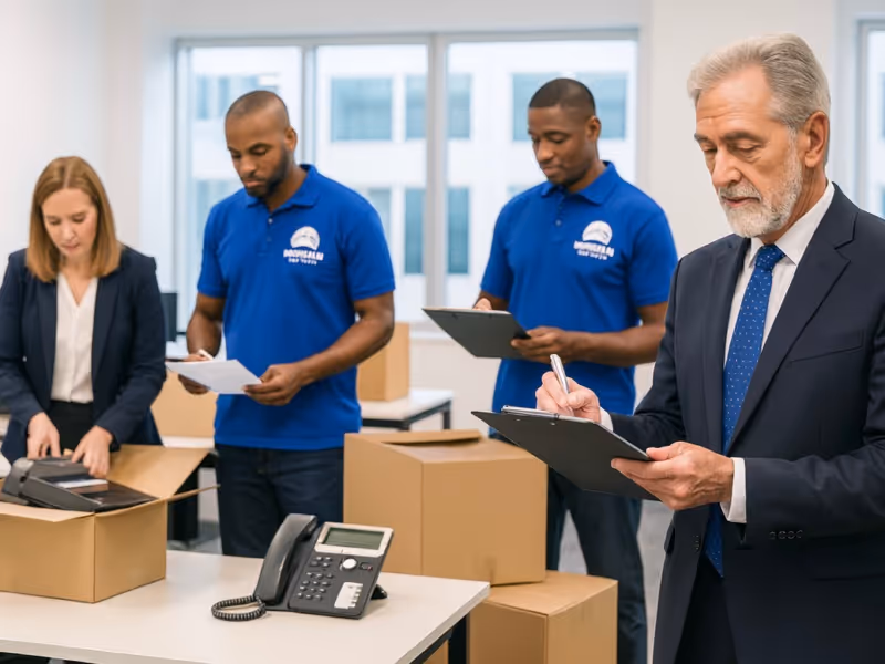 A project manager oversees Mountain Movers Austin TX crew members completing checklists during preparations for a complex large commercial move.