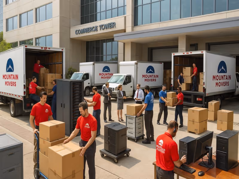 Multiple Mountain Movers trucks are loaded with furniture and boxes outside a building during a large-scale commercial office move in Austin TX.