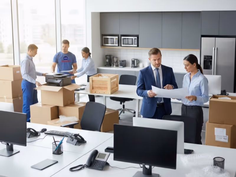 A commercial client reviews blueprints with a Mountain Movers representative in Austin TX, coordinating the setup of the new office space after a large commercial move.