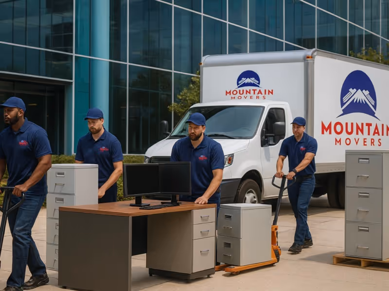 Mountain Movers Austin TX team loads office desks, monitors, and filing cabinets onto a branded truck during a large commercial move outdoors.