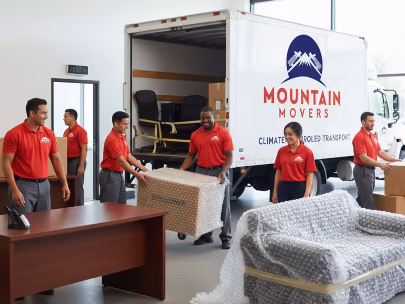 Experienced Mountain Movers Austin TX crew members carefully moving bubble-wrapped furniture and desks out of an office and onto a climate-controlled truck for commercial relocation.