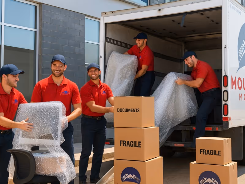 Professional Mountain Movers team loading office chairs and boxes marked "Fragile" onto a truck during a secure commercial relocation in Austin TX.