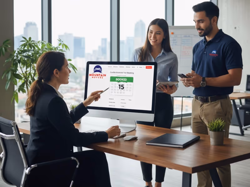 A client confirms a booking for their commercial relocation on a computer screen with a Mountain Movers Austin TX consultant and mover.