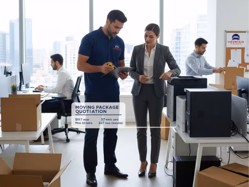 A Mountain Movers representative discusses a commercial relocation quotation and logistics with a client in a modern Austin TX office setting, standing by office equipment.
