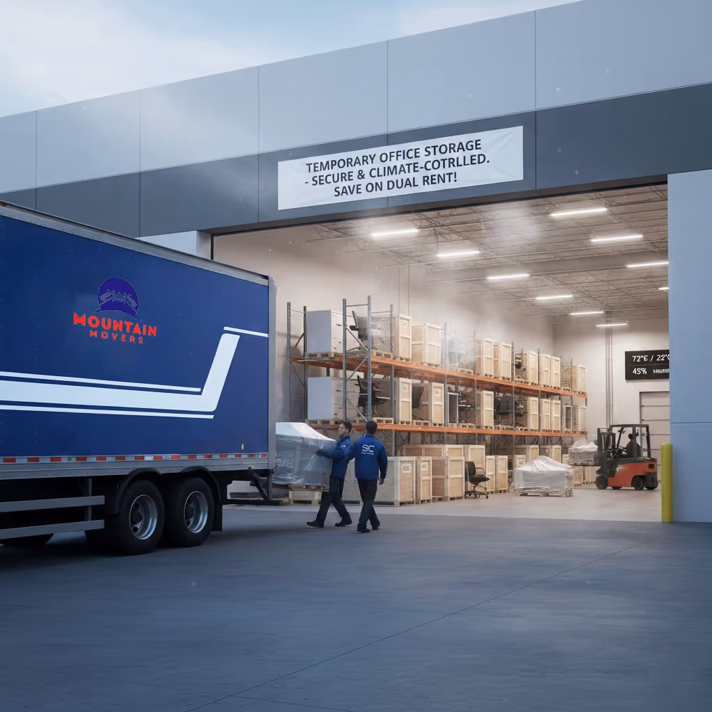 Mountain Movers truck loading items into secure, climate-controlled storage facility, offering temporary office storage during a company relocation.