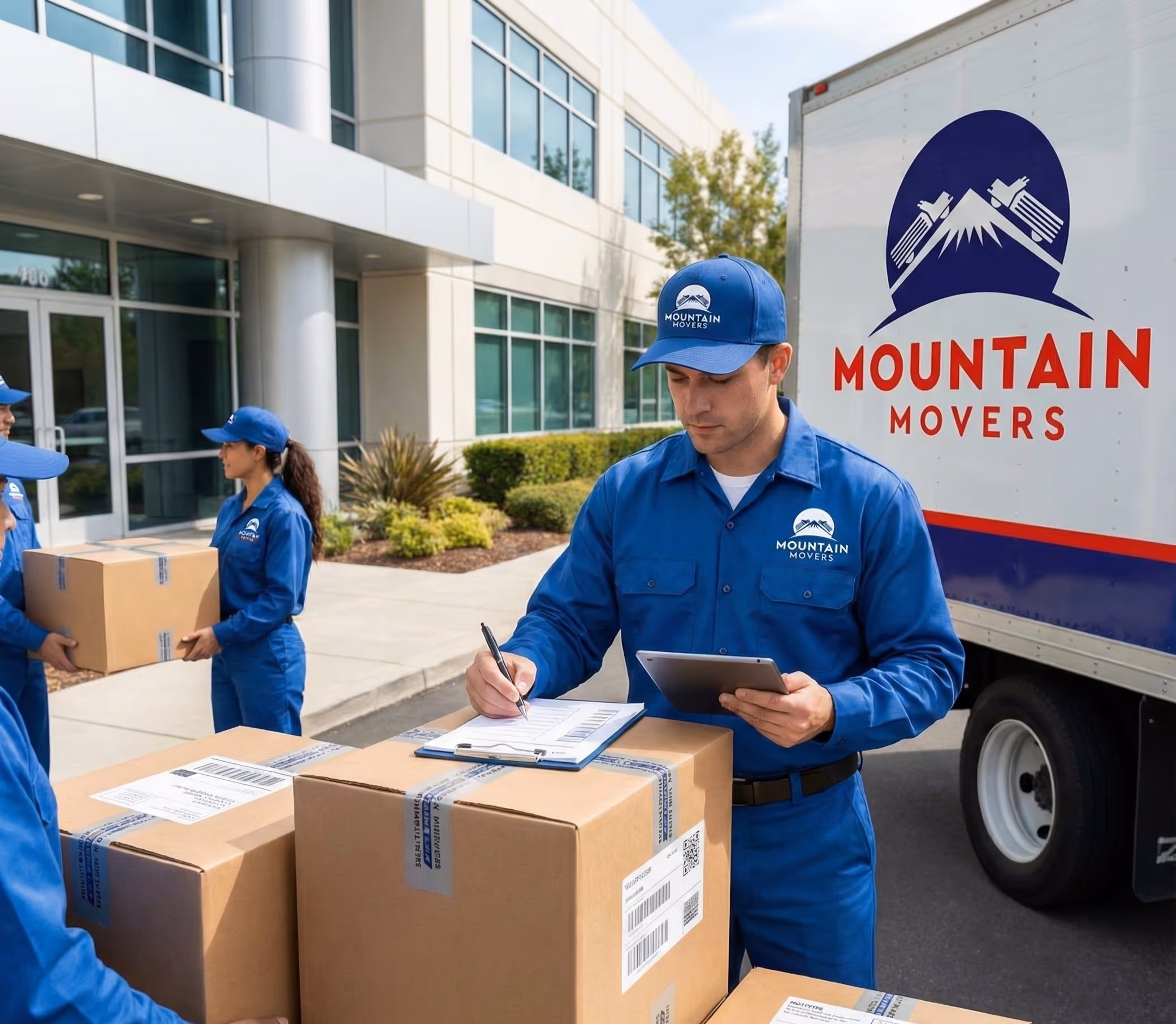 Mountain Movers Austin TX crew supervisor checking inventory before loading boxes for a streamlined company relocation from an office park.