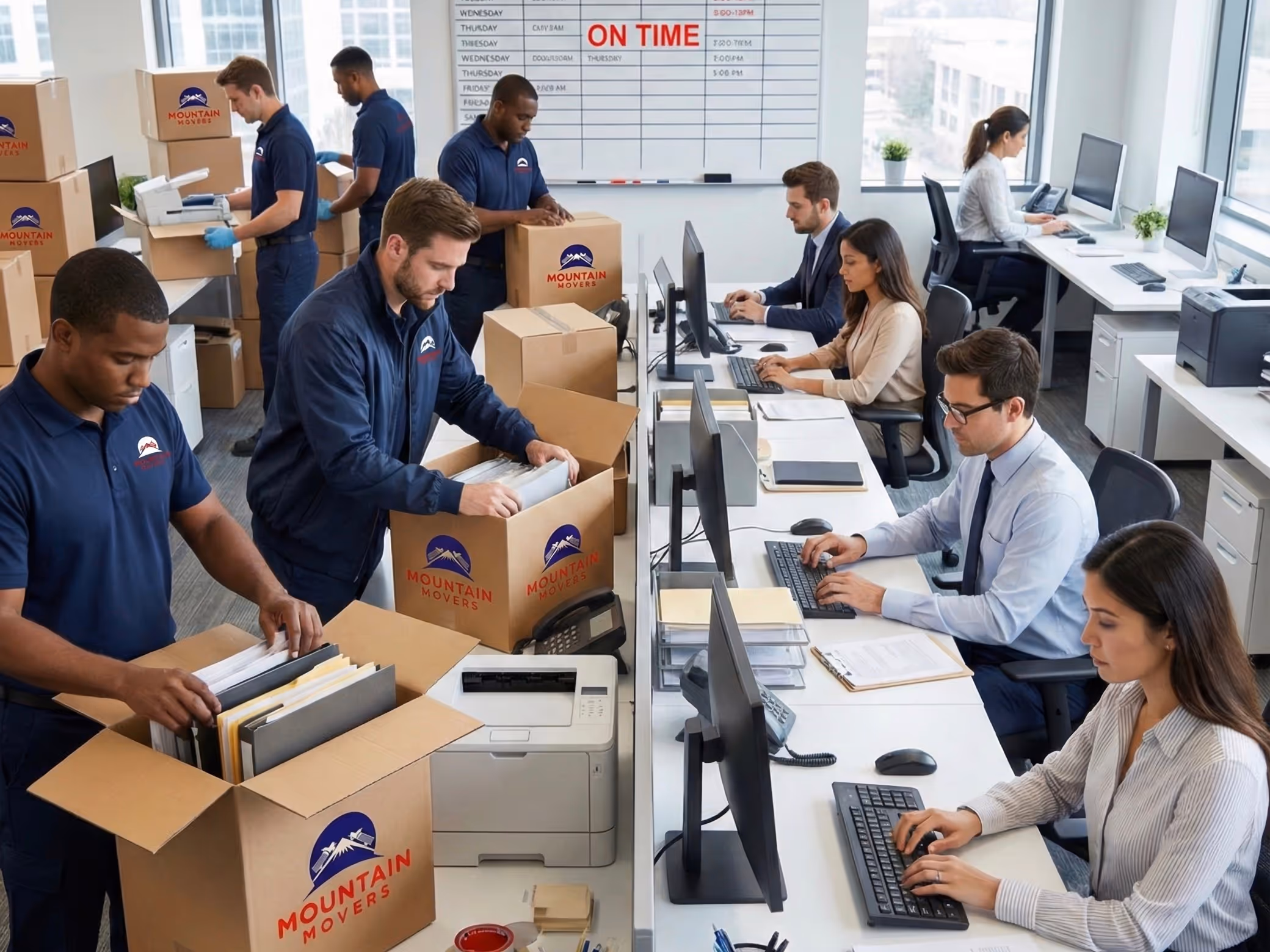 Efficient company relocation in progress by Mountain Movers Austin TX; movers carefully packing files while office employees continue working on computers.