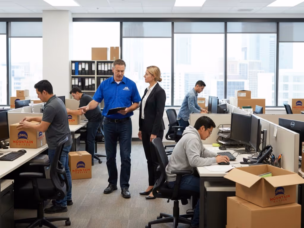 Mountain Movers representative assisting employees with final packing in an open office setting during a large company relocation in Austin TX.