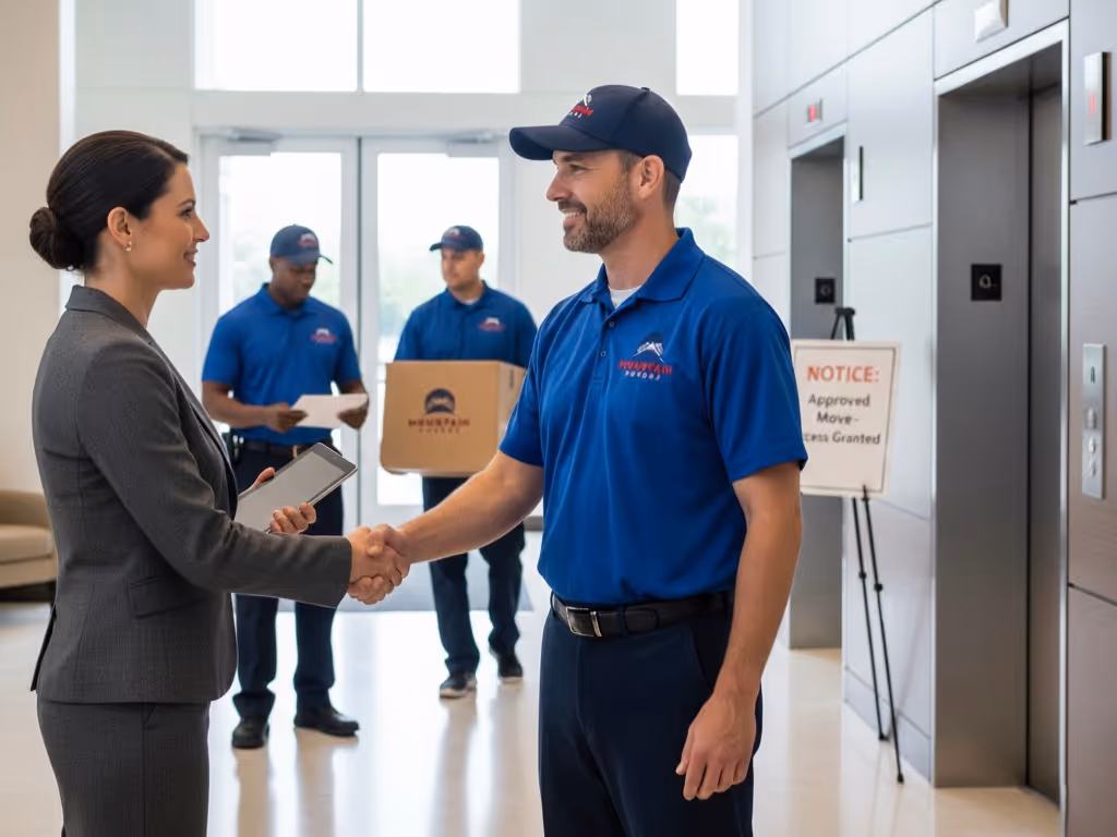 A Mountain Movers Austin TX team member shakes hands with a client in a lobby, confirming service readiness for a planned company relocation.
