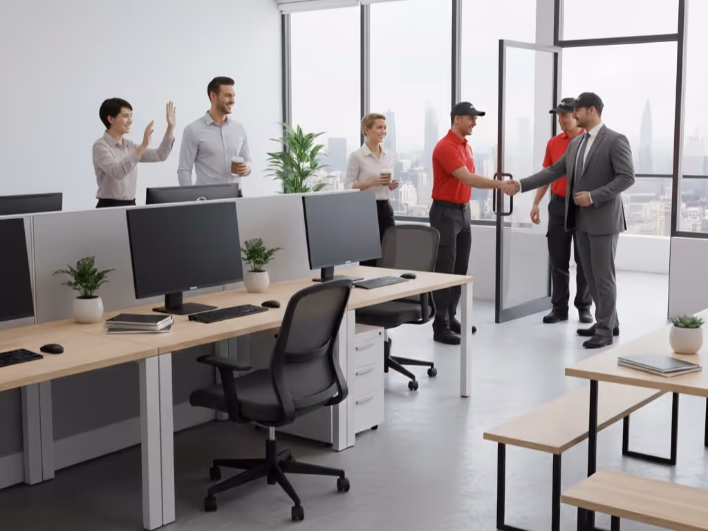 Mountain Movers crew arriving at a new office space in Austin TX, shaking hands with clients to begin the final phase of a company relocation.