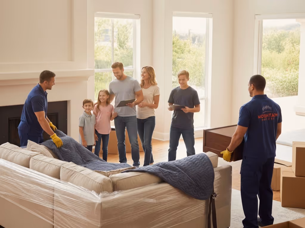 Happy family oversees Mountain Movers crew carefully wrapping a sofa for their residential In-State Moving Service in Austin TX.
