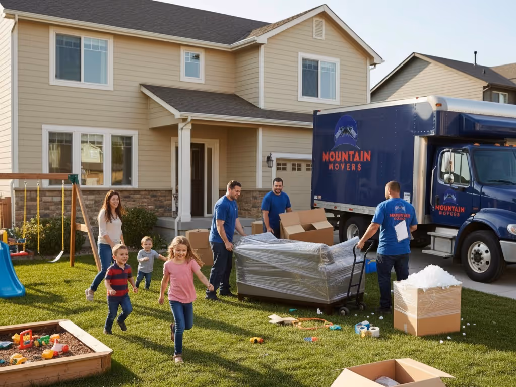 Mountain Movers Austin TX team loads furniture onto a truck while children play outdoors during a family's efficient In-State Moving Service.