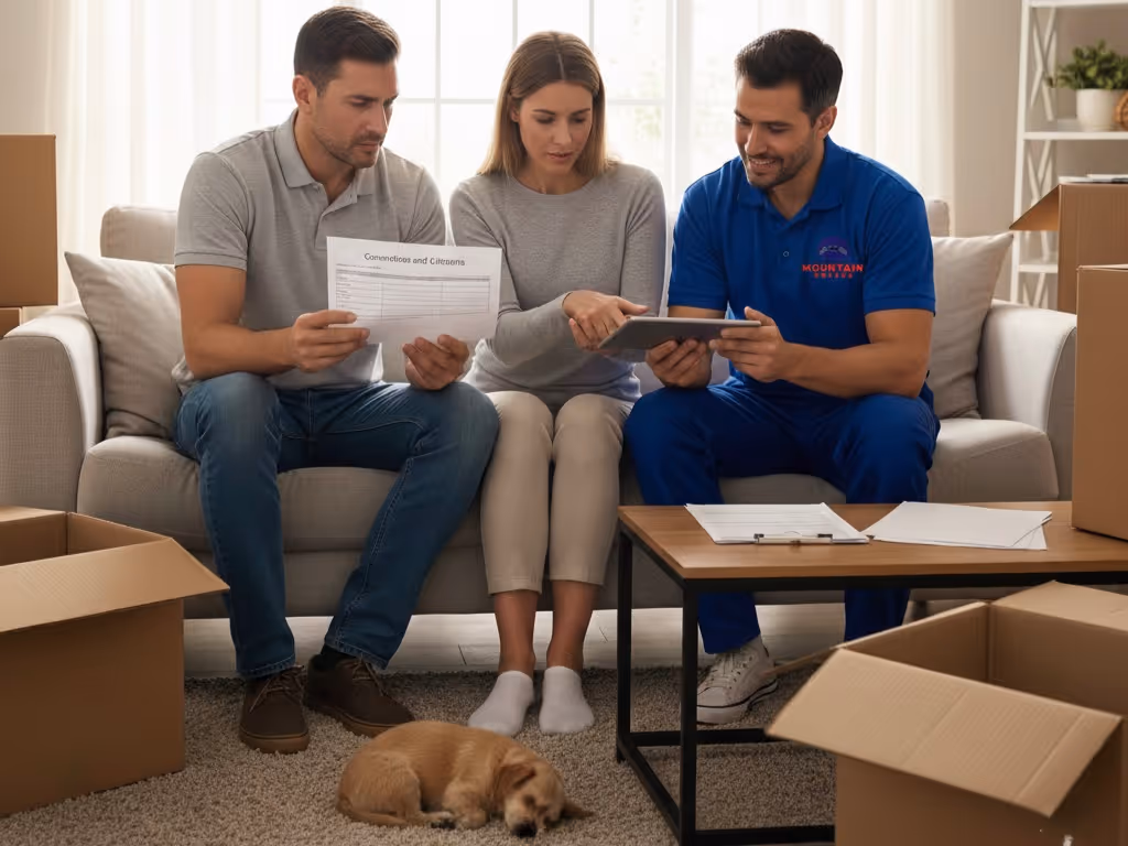 Mountain Movers consultant reviewing contract details with a couple on their couch, providing a personalized In-State Moving Service quote.