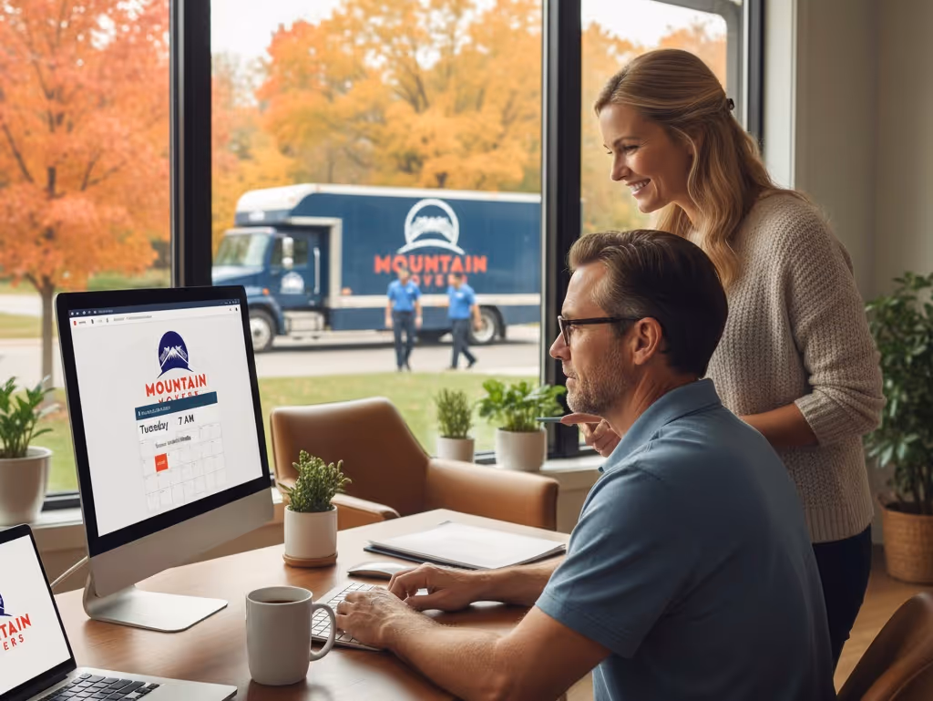 Couple booking a Mountain Movers appointment on a computer; truck and crew are visible outside, preparing for their In-State Moving Service.