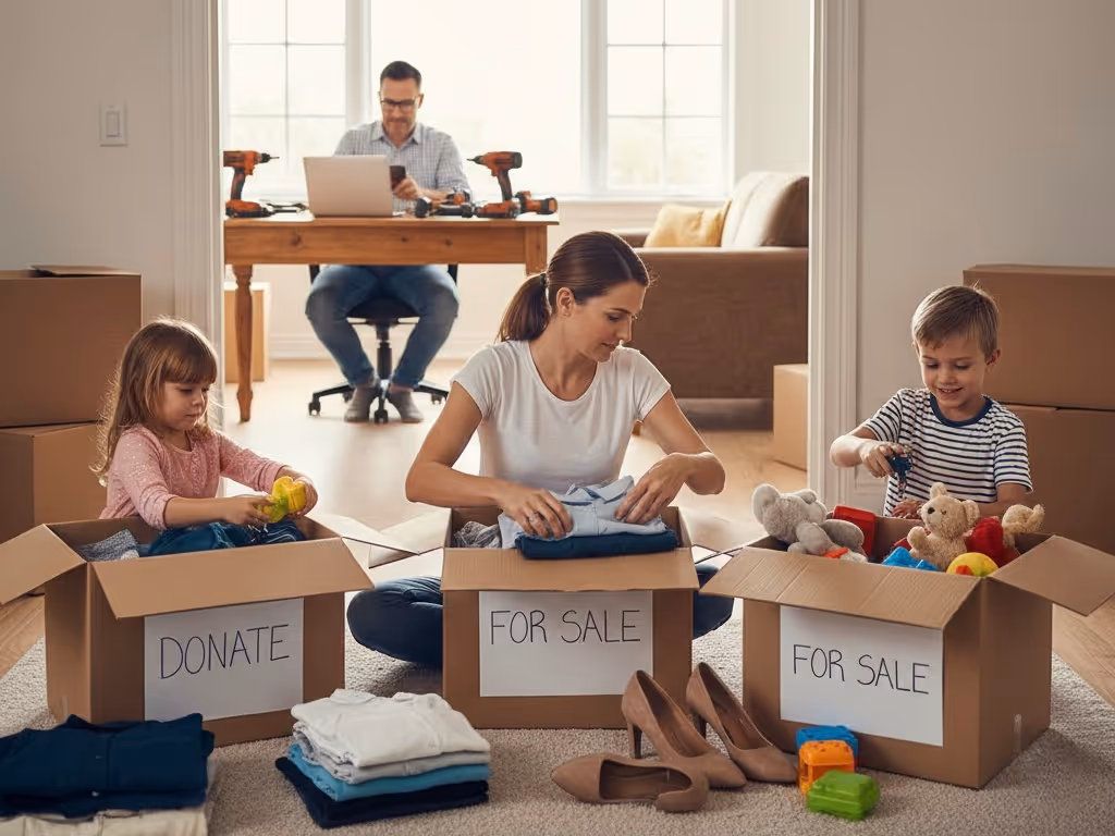 Family organizing items into 'Donate' and 'For Sale' boxes, preparing for a household move, a key step before their In-State Moving Service.