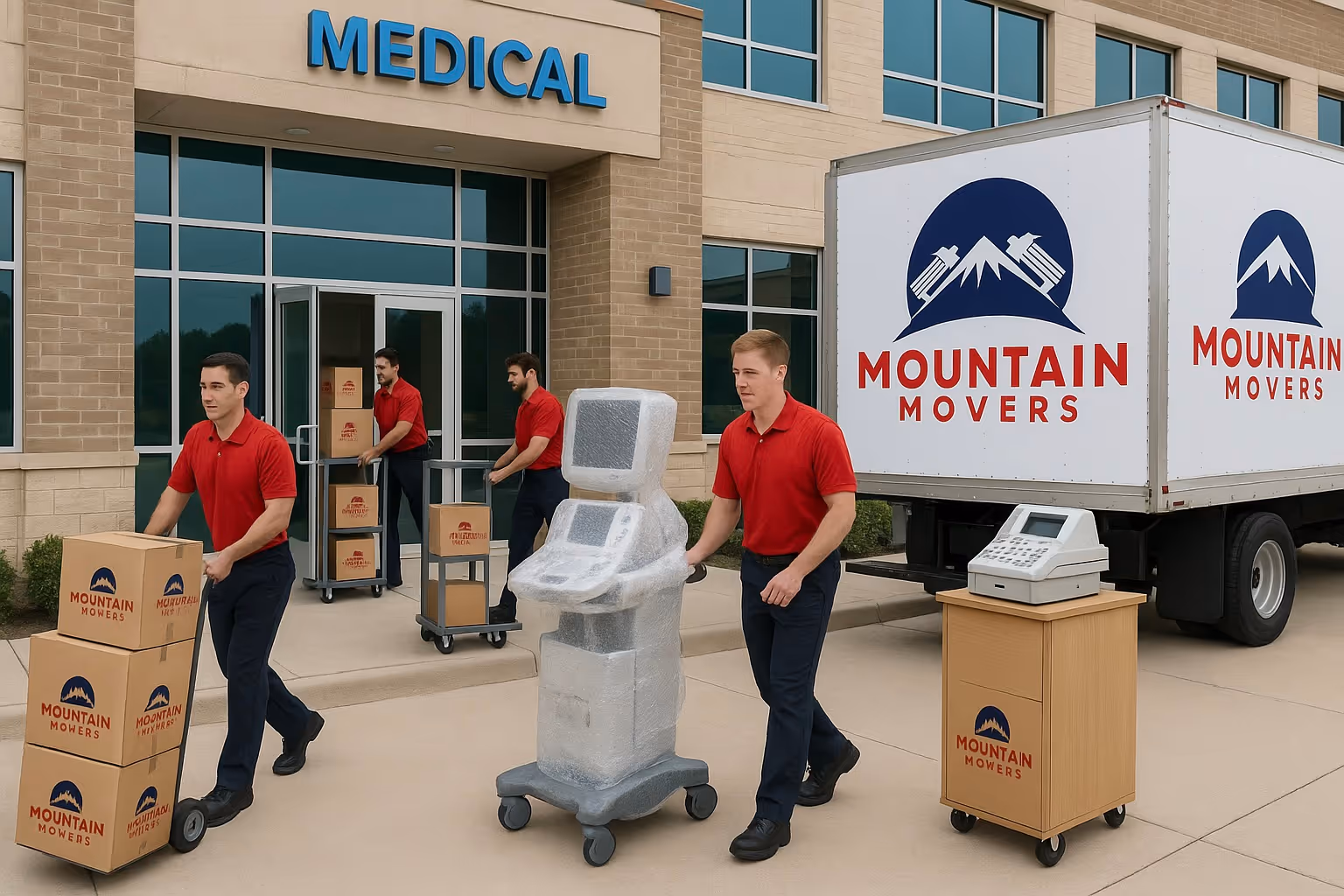 Mountain Movers Austin TX performing a specialized commercial relocation for a medical office, carefully moving sensitive medical equipment and labeled boxes.