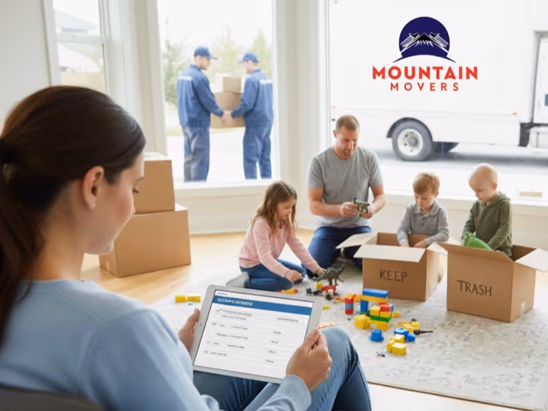 Local Moving Services in Austin TX: Family sorting belongings for a move while using a digital moving checklist.
