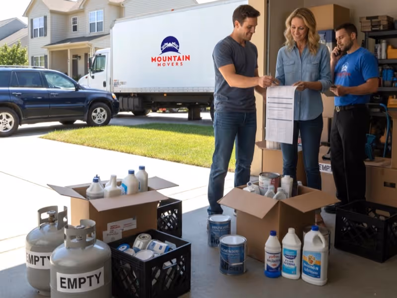 Local Moving Services in Austin TX: Moving crew reviewing inventory and checklist with clients before loading the Mountain Movers truck.