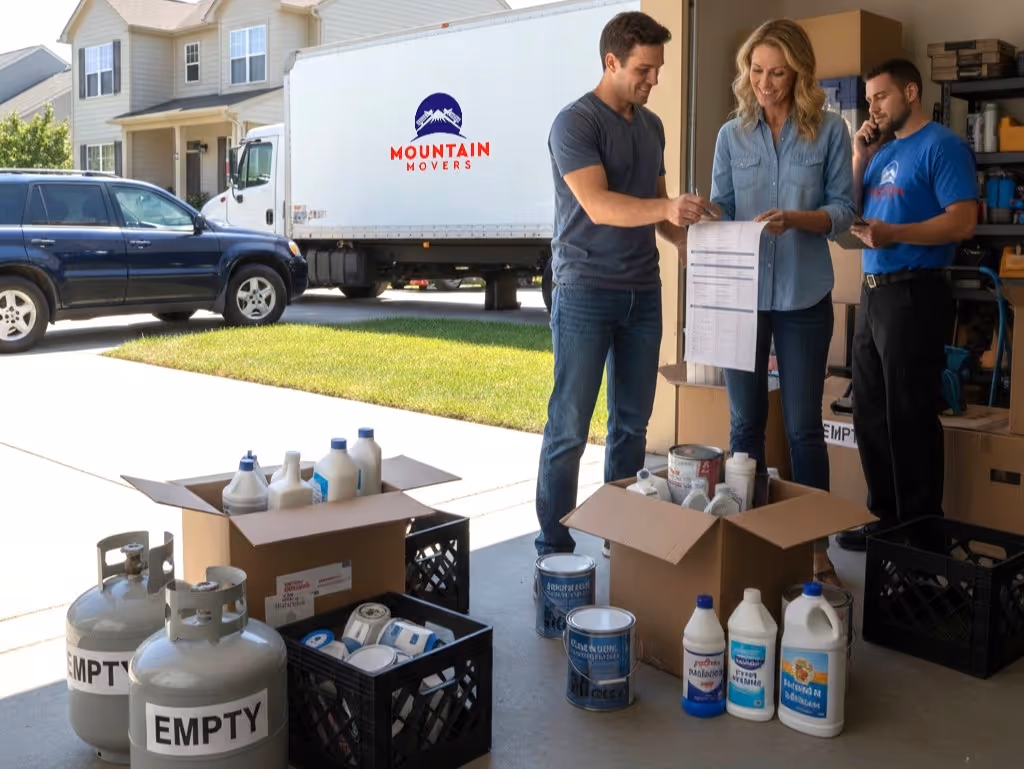 Local Moving Services in Austin TX: Professional moving staff assisting a couple with moving paperwork and inventory on moving day.
