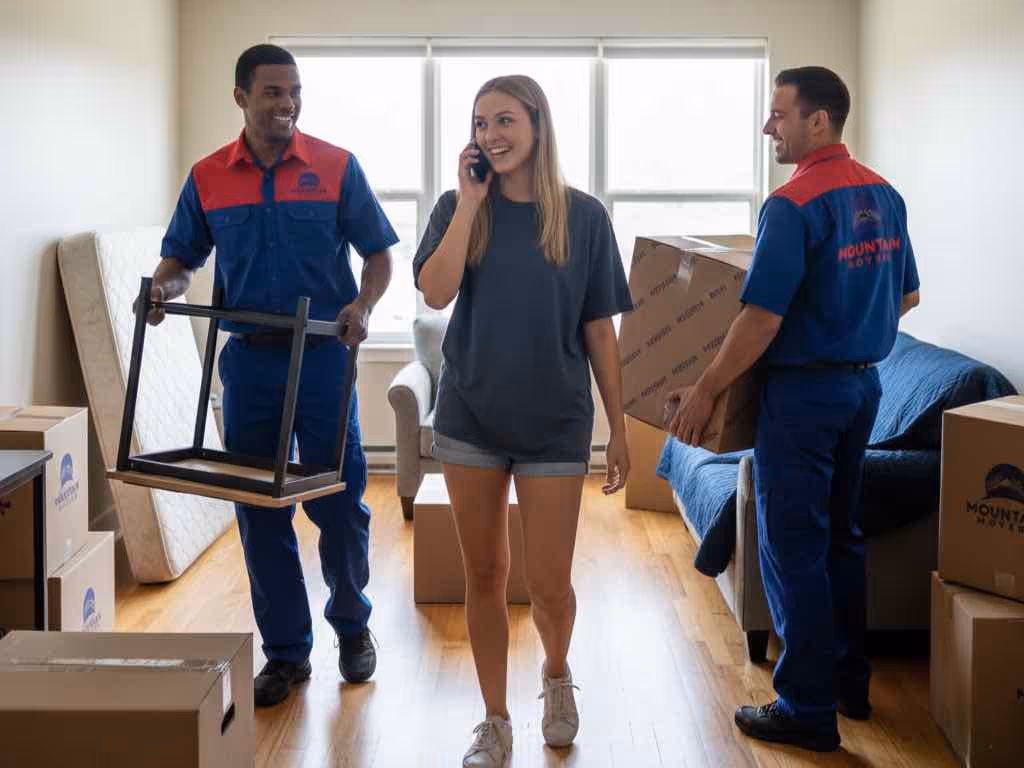 Mountain Movers representative reviewing moving contract and pricing with Austin customer