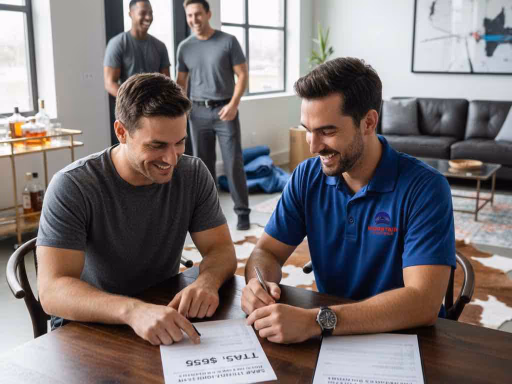 Professional Austin movers helping customer during residential move with furniture and boxes