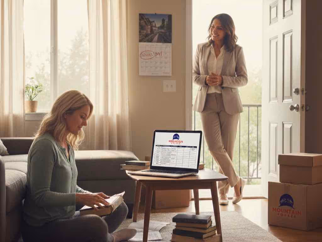 Moving company consultant providing in-home moving estimate with digital inventory system in Austin